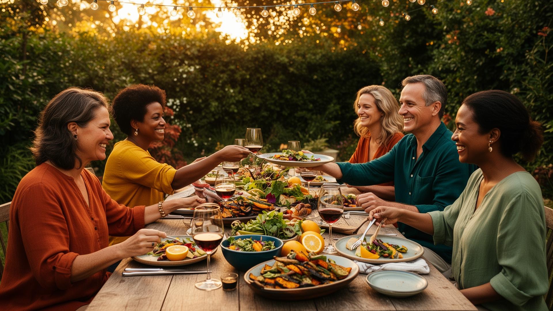 A multigenerational group sharing a meal at a long outdoor table at golden hour
