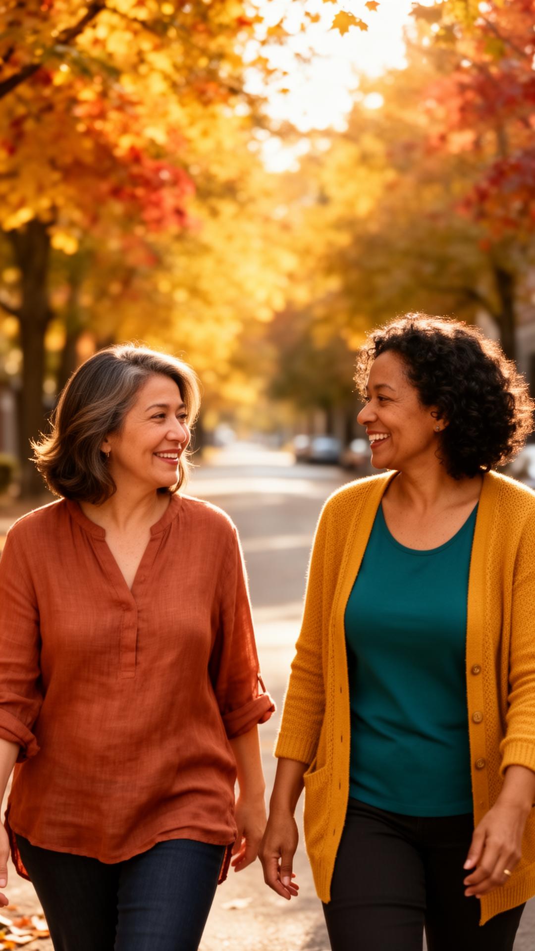 Two friends walking and laughing together on a tree-lined street